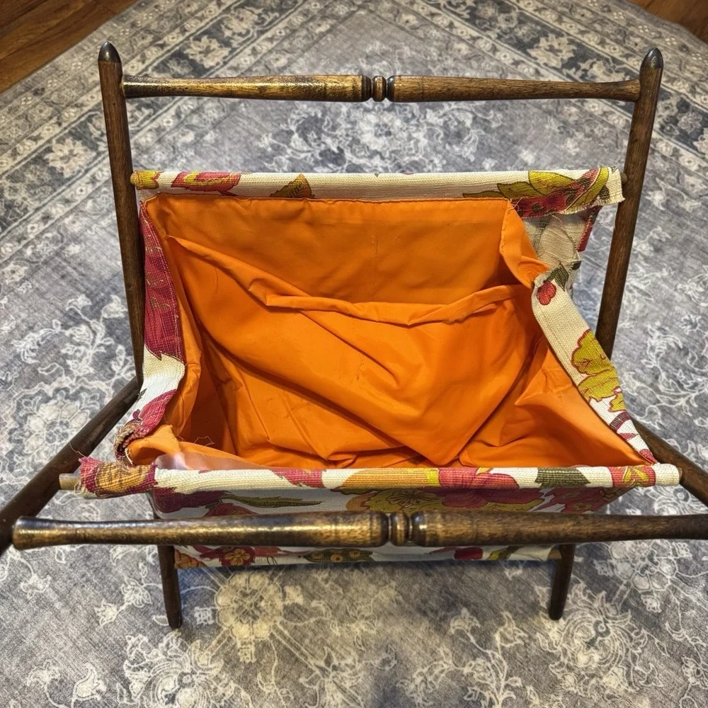 Vtg‎ Sewing Caddy Tote Knitting Basket Yarn Stand Wood Frame Floral *See Pics*